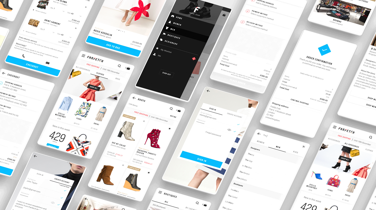 Farfetch mobile app screens showing the redesigned shopping experience