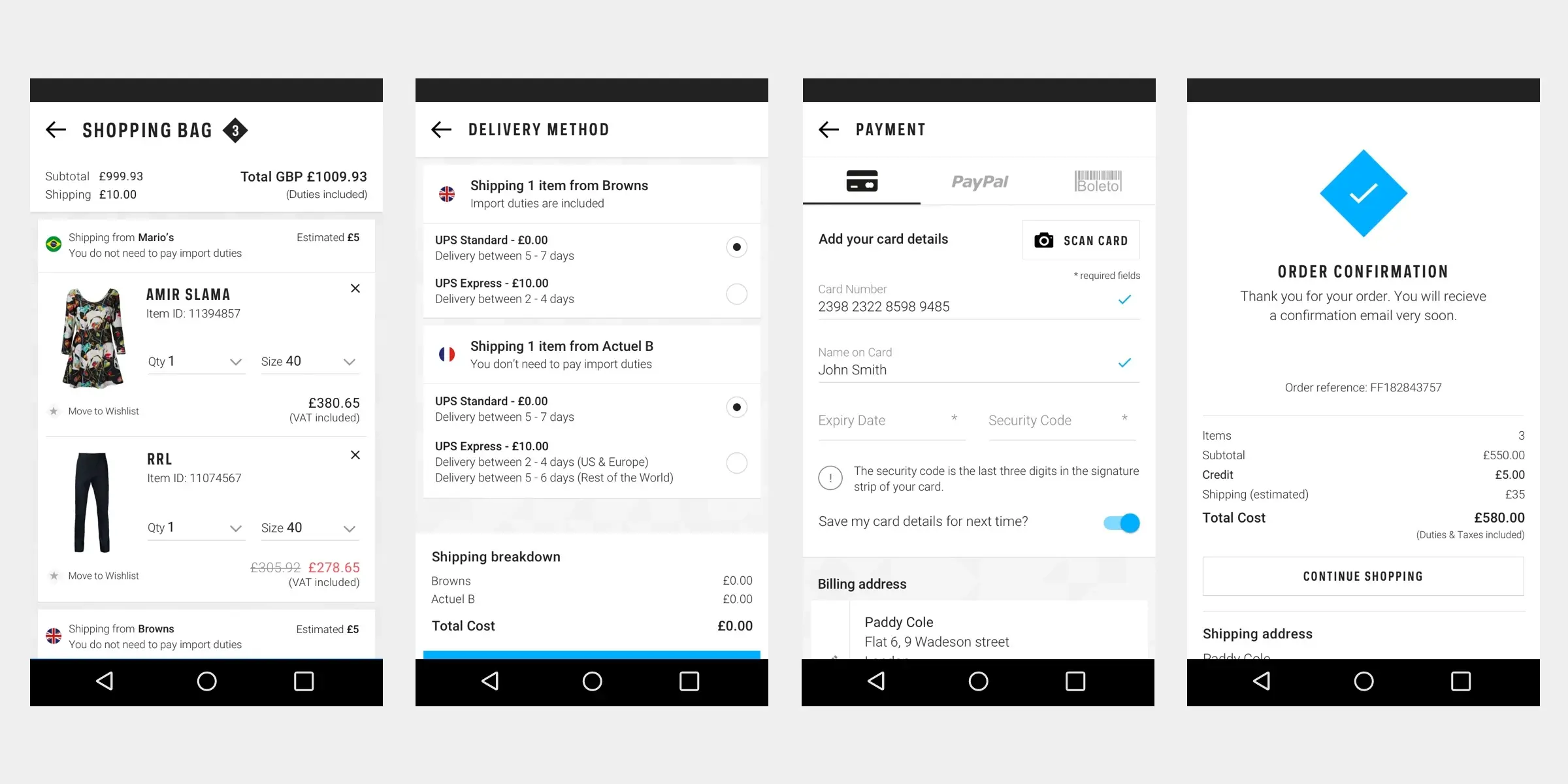 Farfetch Android app screens
