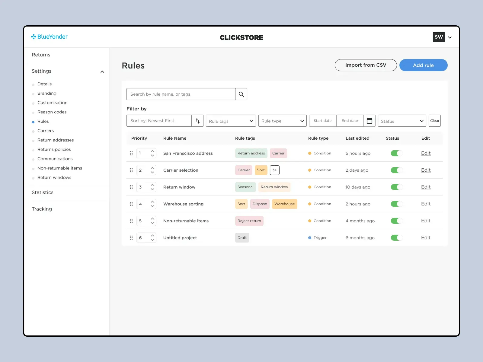 Returns platform merchant configuration screen